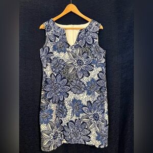 London Times Blue and White Sheath Midi Dress